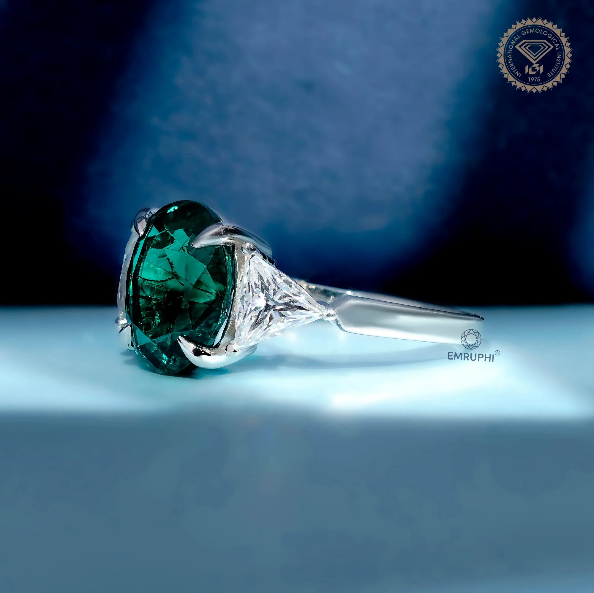 4.5 CT Oval Green Lab Grown Diamond Ring, Trillion Moissanite Sides — view 2