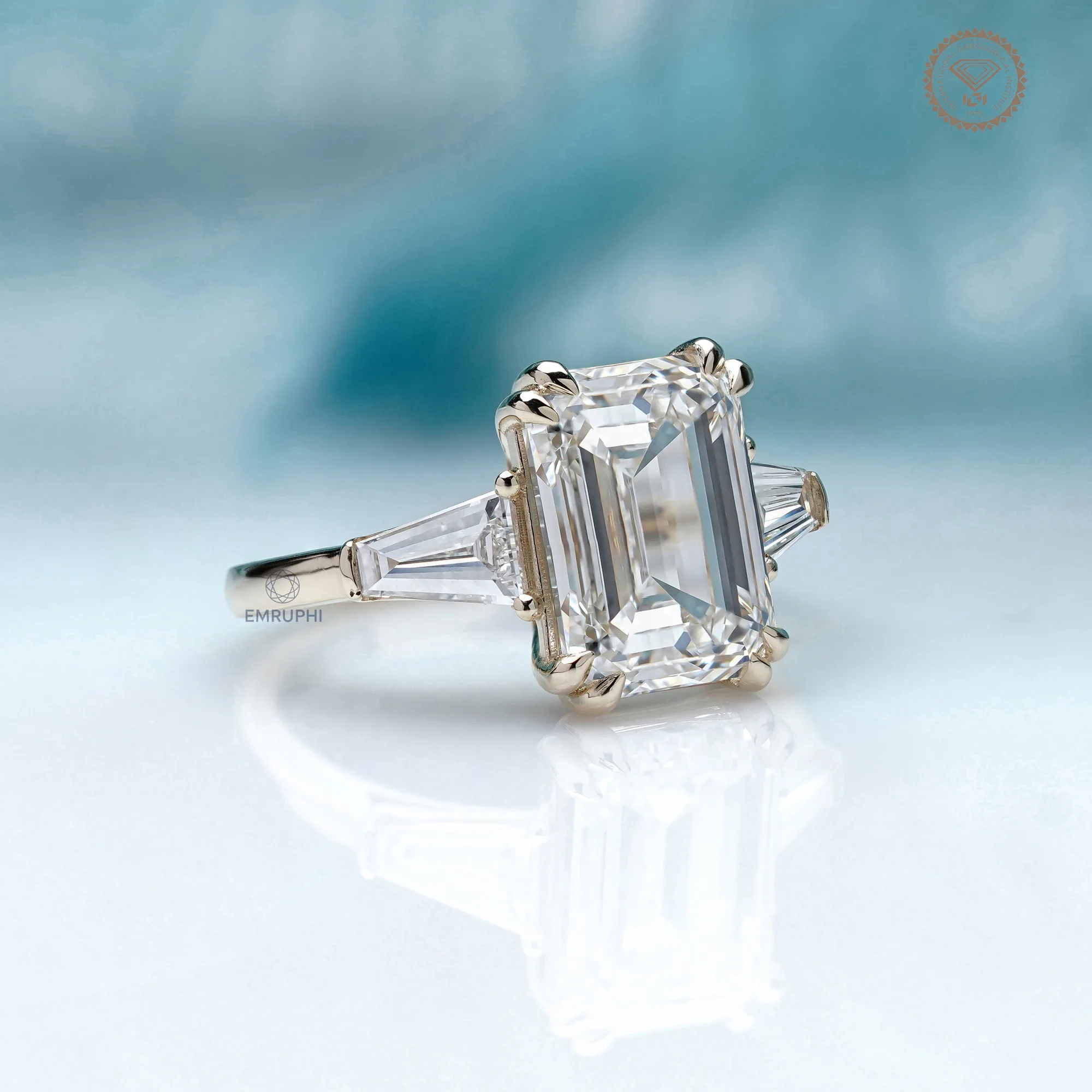 5 Carat Emerald Cut Lab Grown Diamond Engagement Ring , Trapezoid Side Stones — view 3