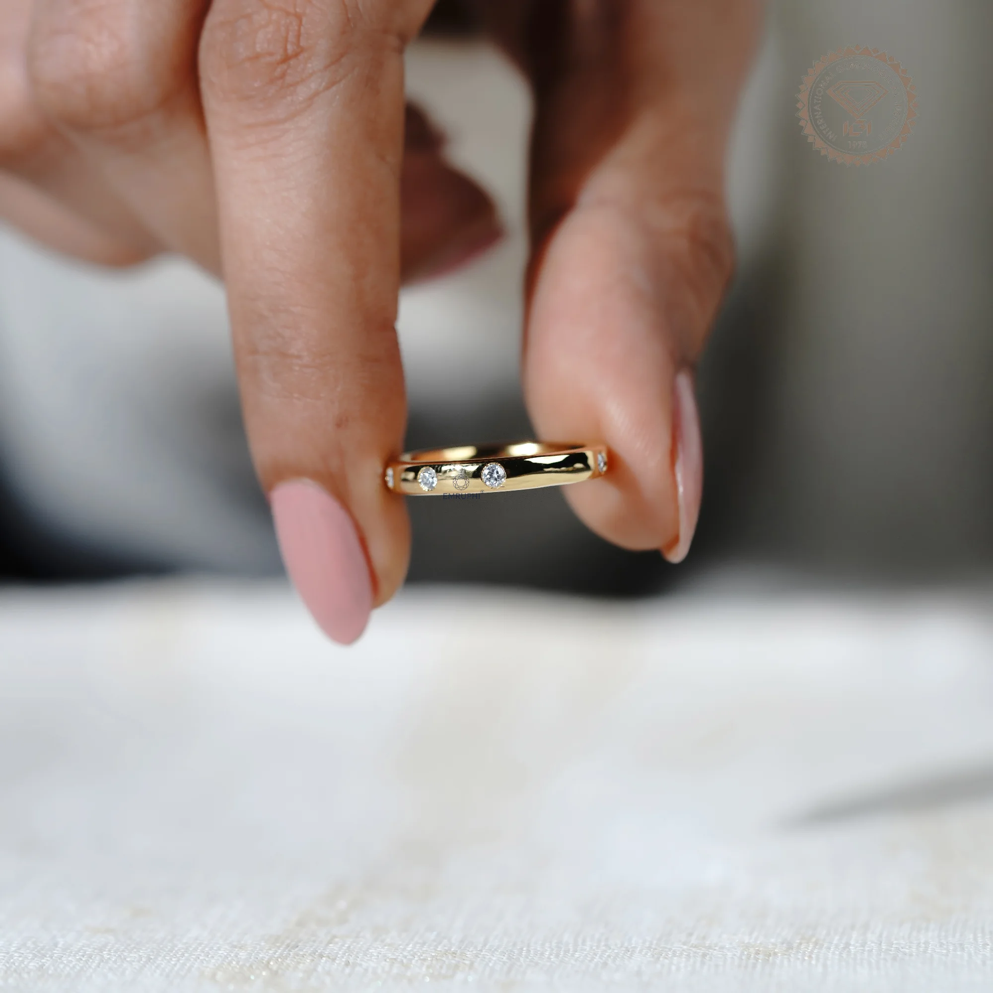 3 MM Round Flush Set Diamond Wedding Band, 14K Gold Round Dome Ring — view 5