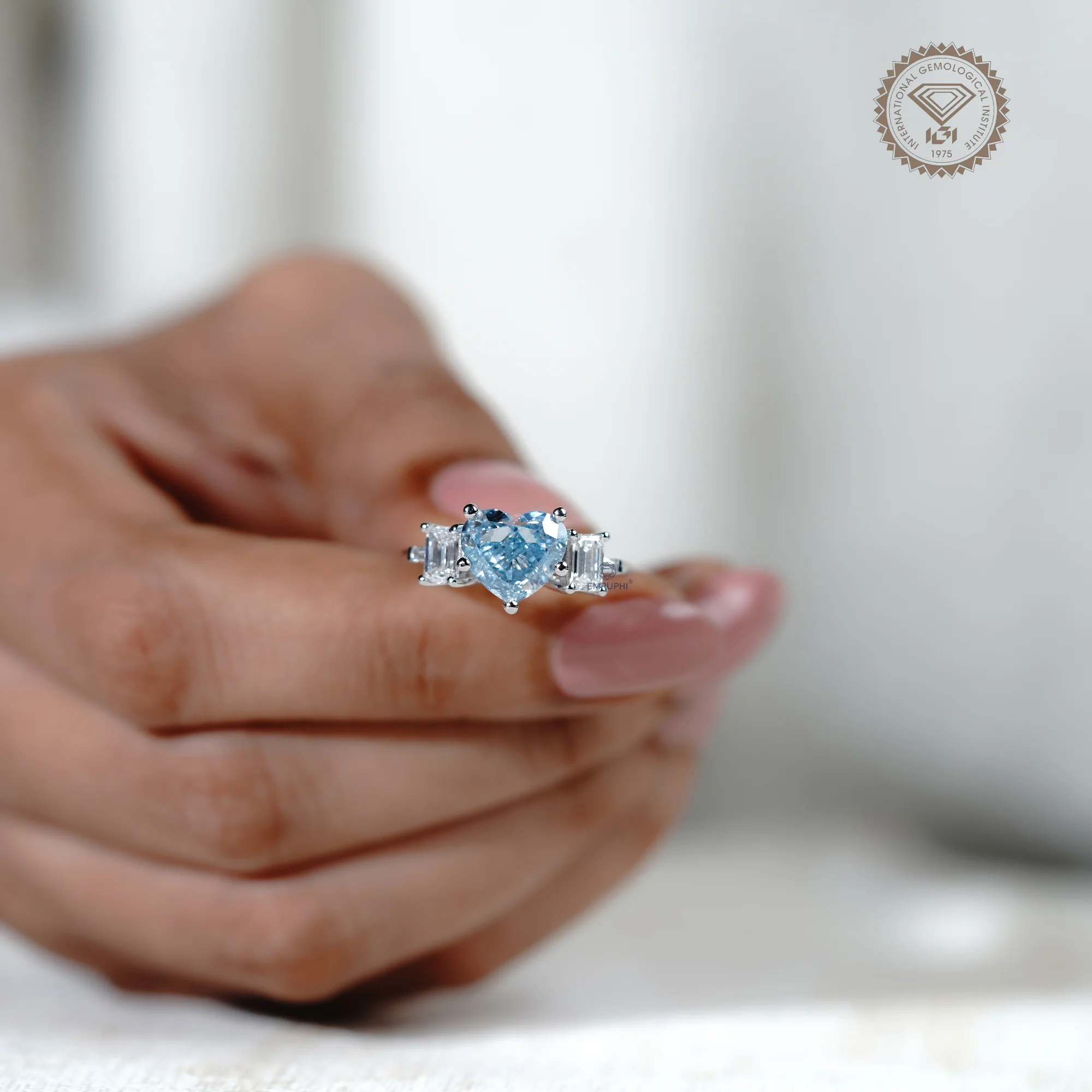Heart Cut Vivid Blue Lab Diamond Ring, 14k Gold Emerald Accented Engagement Ring — view 7