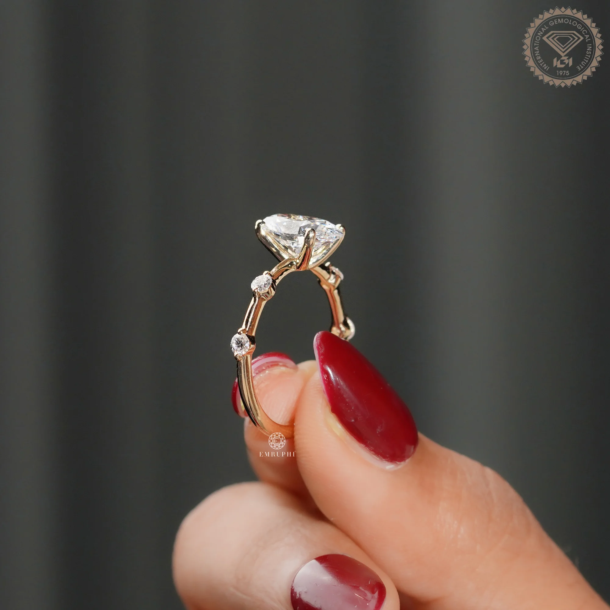 Oval Cut Lab Grown Diamond Engagement Ring, Distance Band Oval Ring, Floating Diamond Shank — view 5