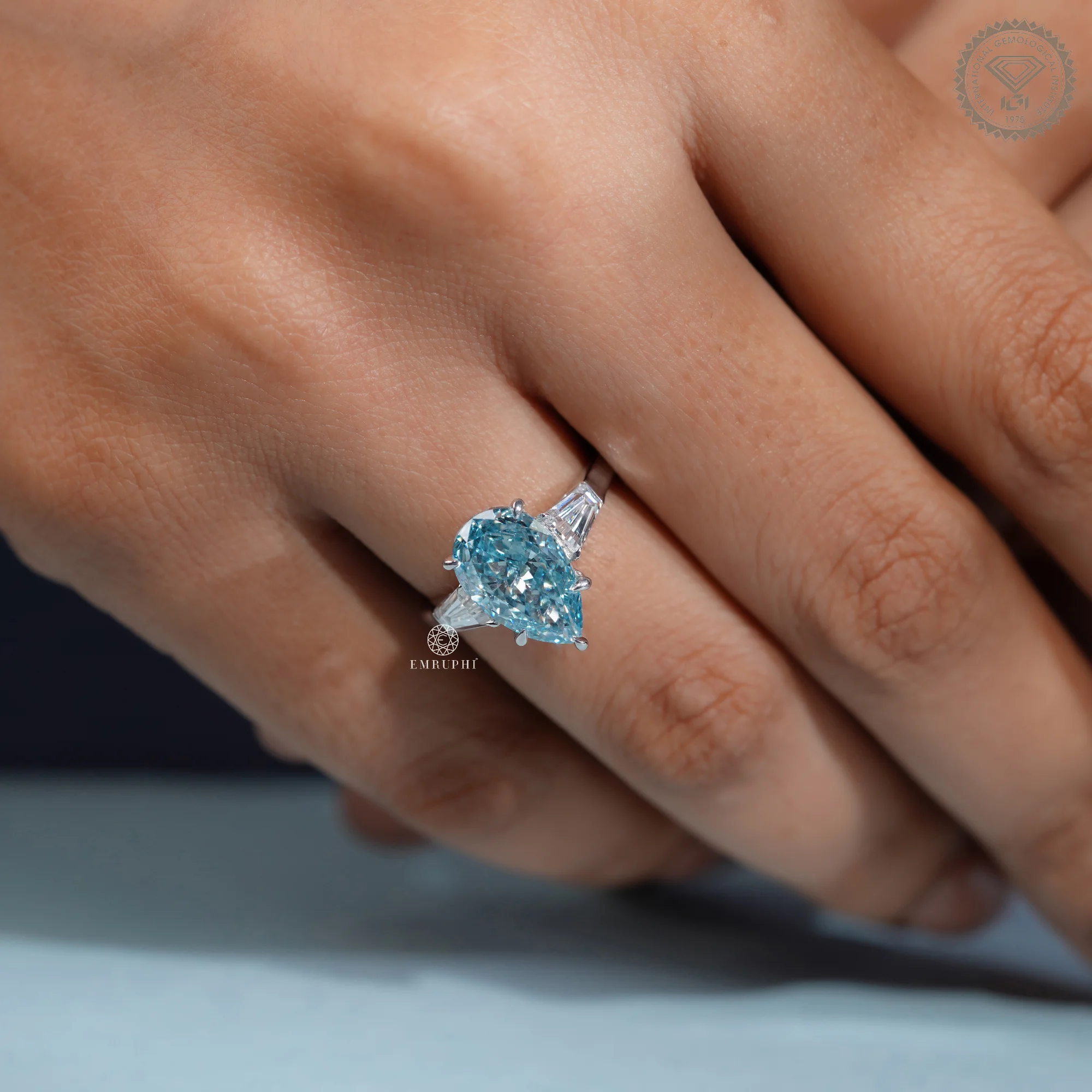 5 CT Vivid Blue Pear Lab Grown Diamond Engagement Ring, Tapered Baguette Side Stones — view 7