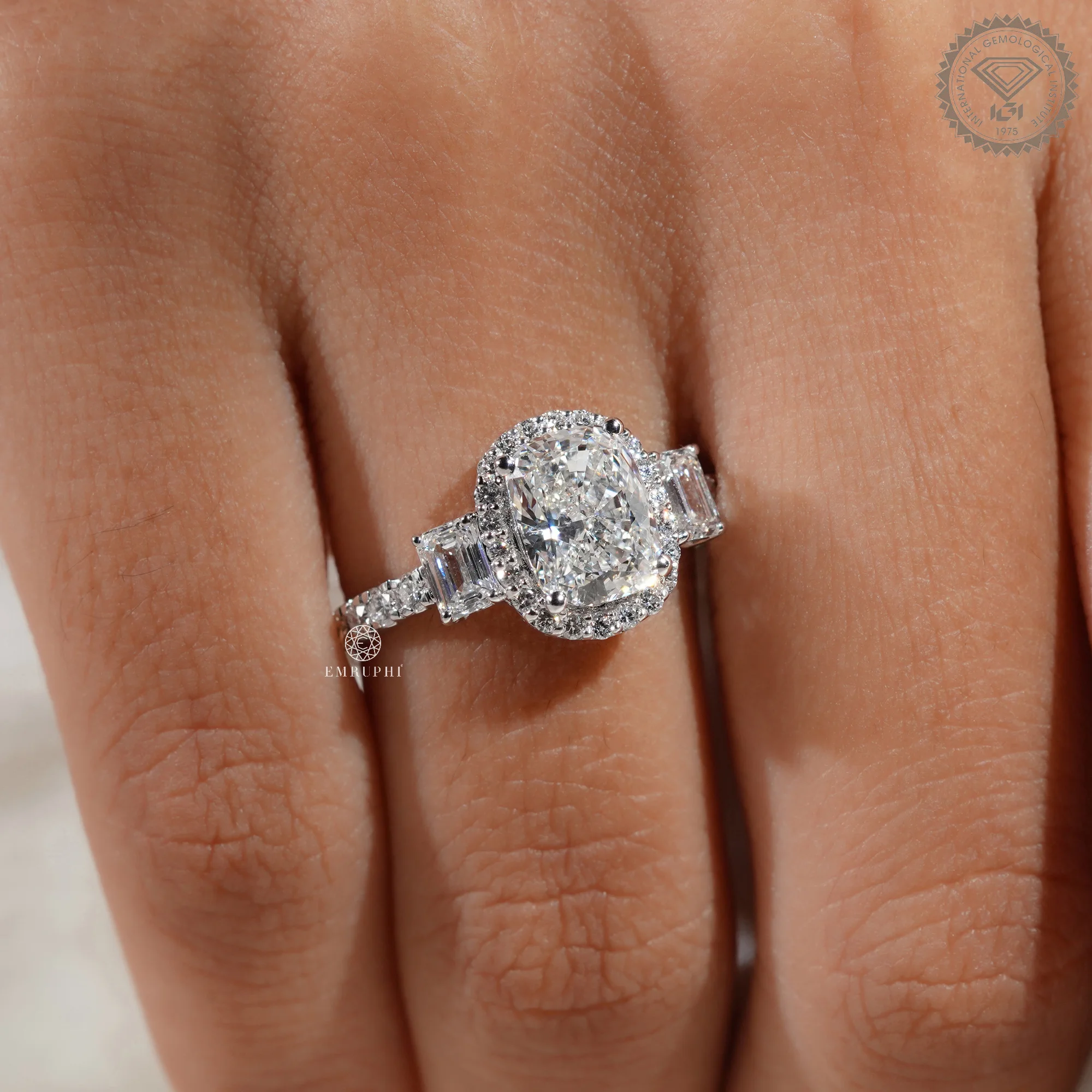 Cushion Cut Diamond Halo Engagement Ring, Trapezoid Side Stones, IGI Certified — view 7