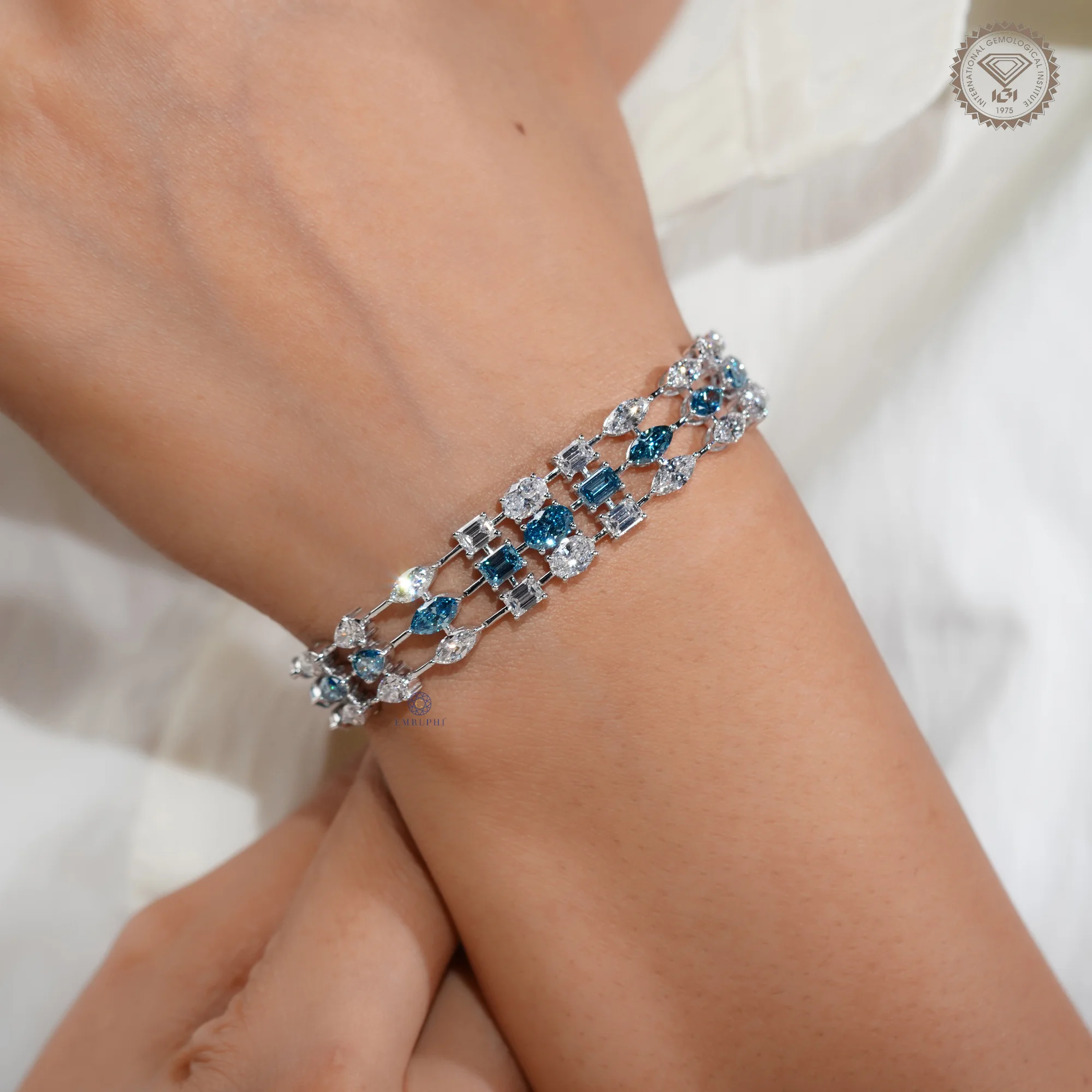Blue and White Mixed Shape Lab Grown Diamond Bracelet — view 11