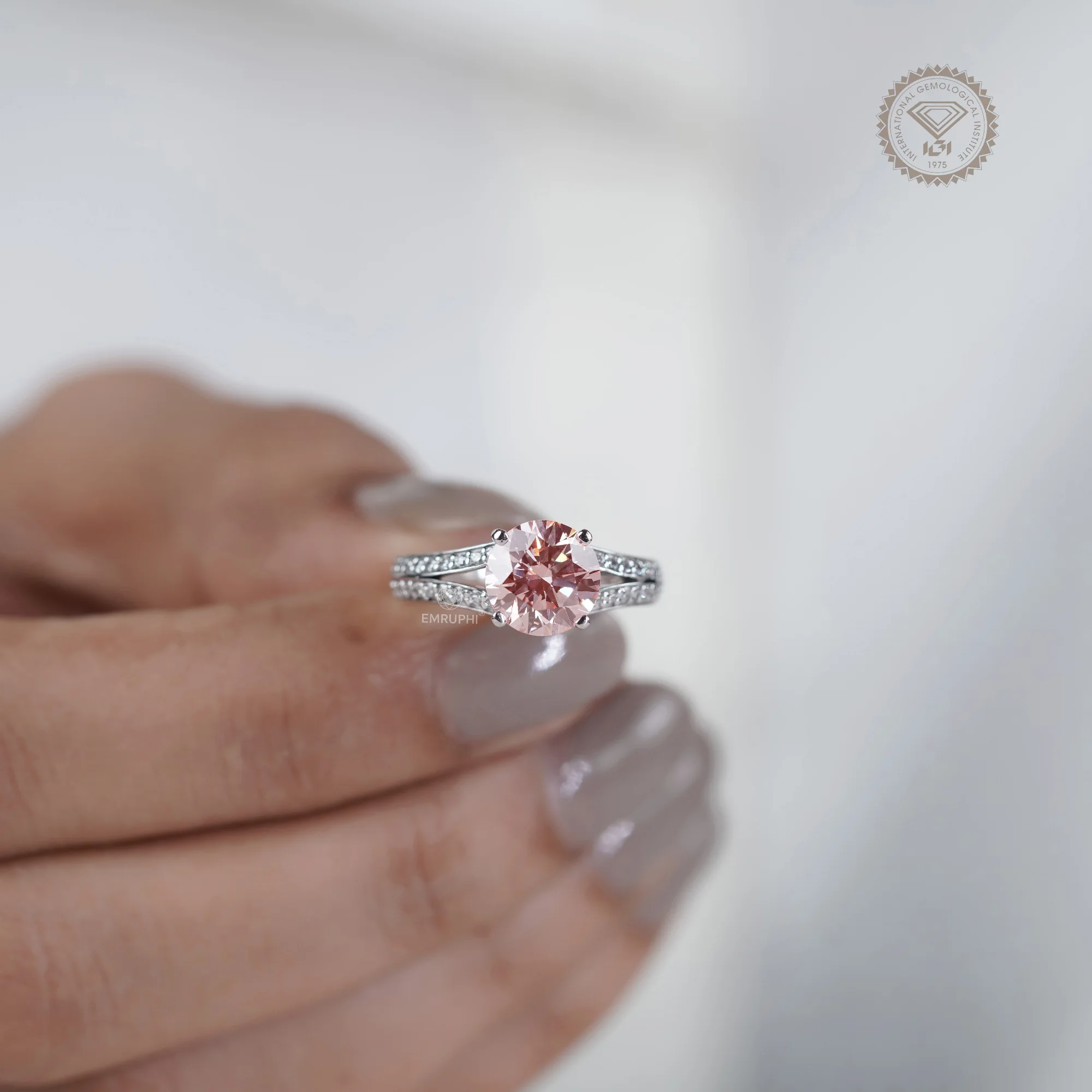 2.00 CT Pink Lab Diamond Engagement Ring, 14K White Gold Split Shank Ring — view 7