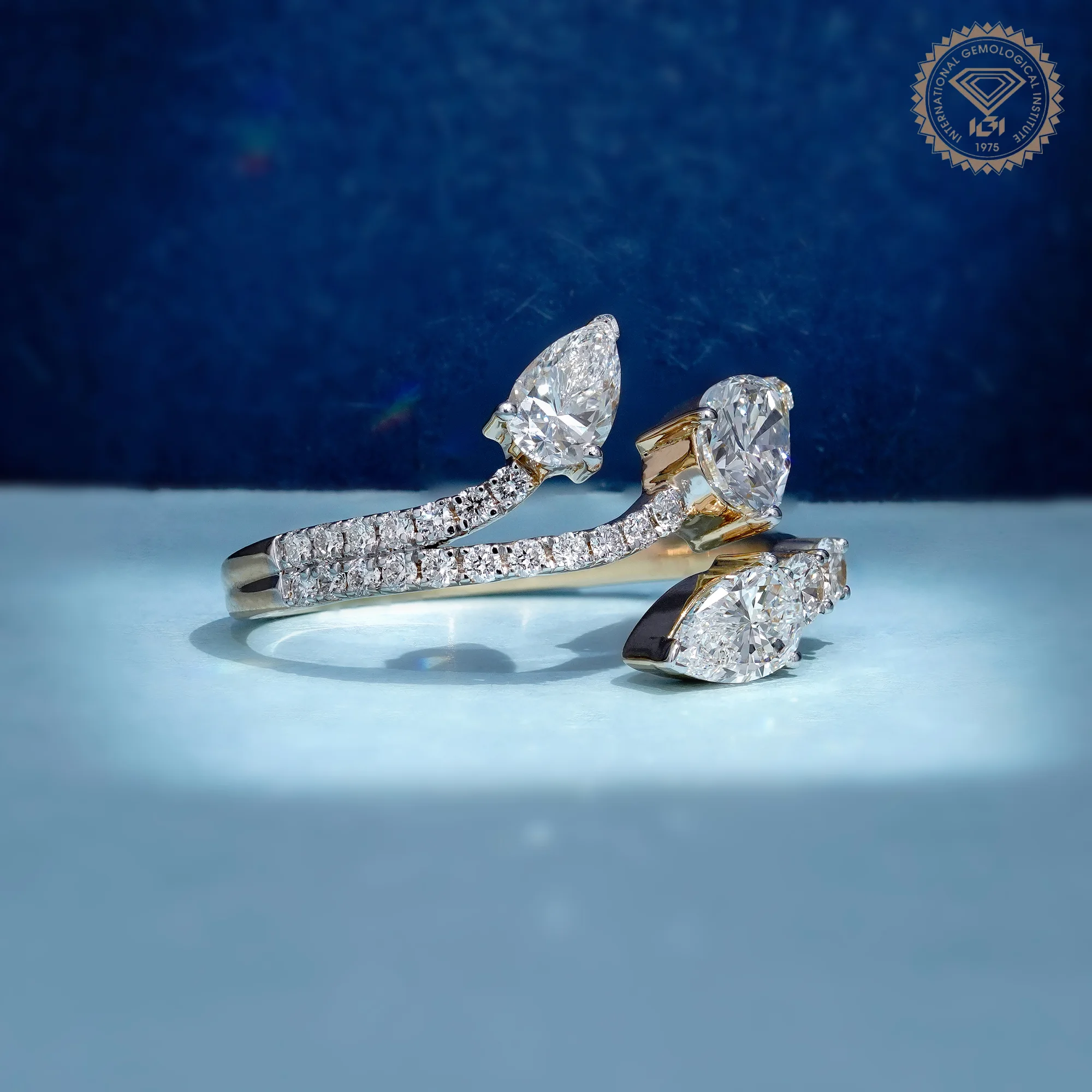 Three Stone Pear Lab Diamond Open Wrap Ring, Toi et Moi Style Ring, IGI Certified Diamonds — view 3