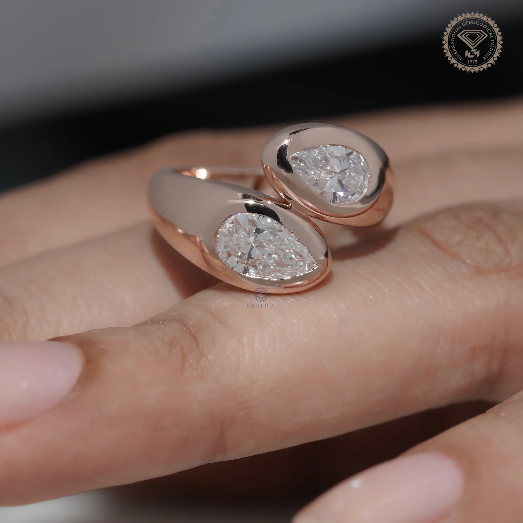 Pear Shape Bezel Lab Grown Diamond Toi et Moi Ring, Modern Open Wrap Engagement Ring, 14K Rose Gold Statement Ring — view 8