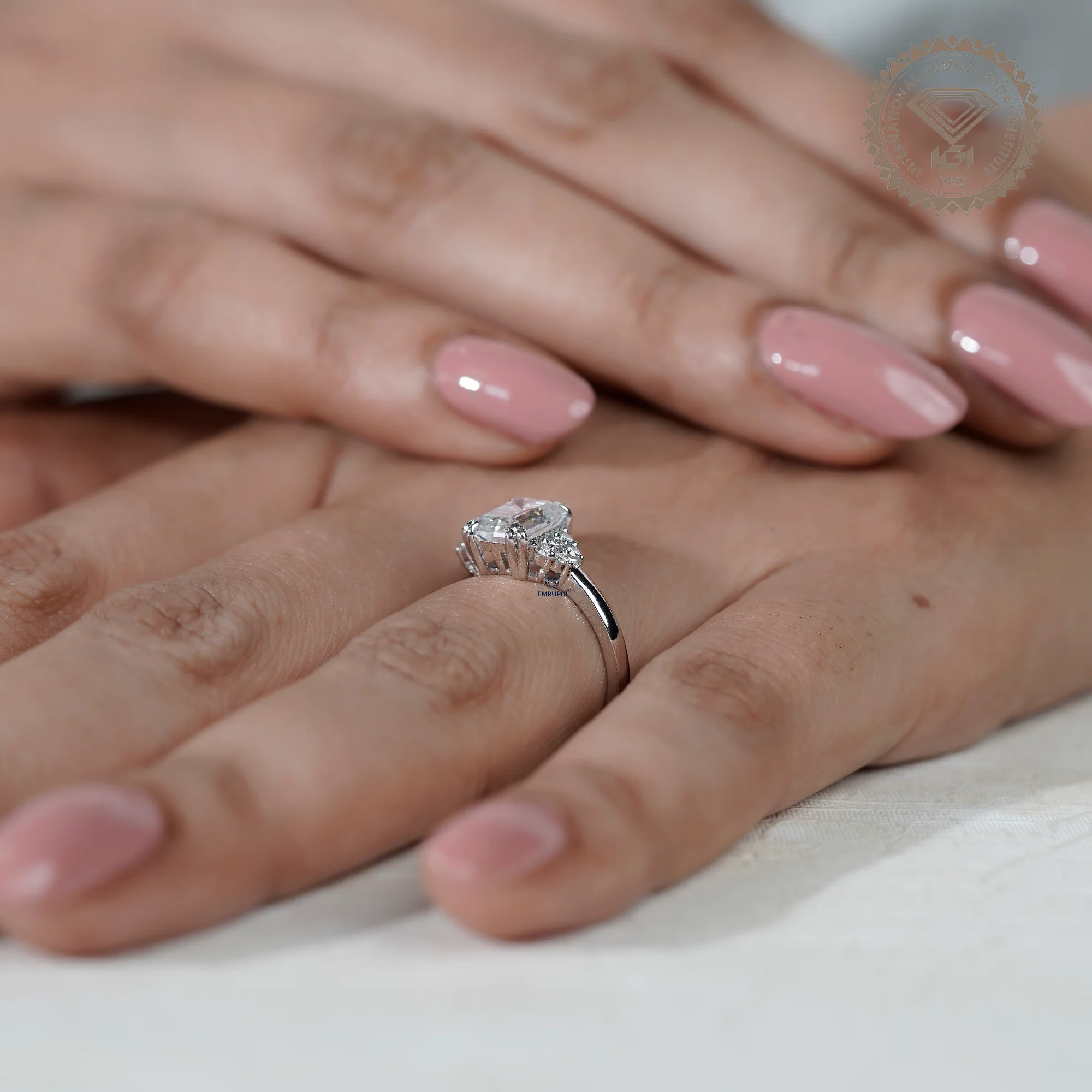 Emerald Cut Labgrown Diamond Engagement Ring, 14k White Gold Snowdrift Cluster Proposal Ring — view 8
