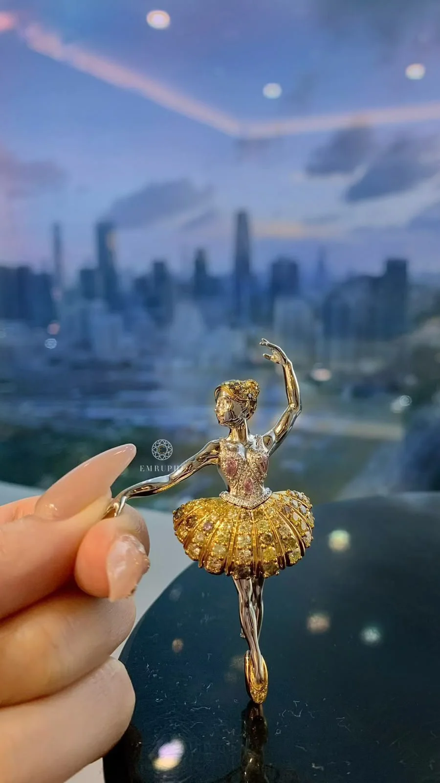 Lab Grown Fancy Yellow Diamond Ballerina Brooch Pendant, Dual Function Ballerina Dancer Pin Necklace
