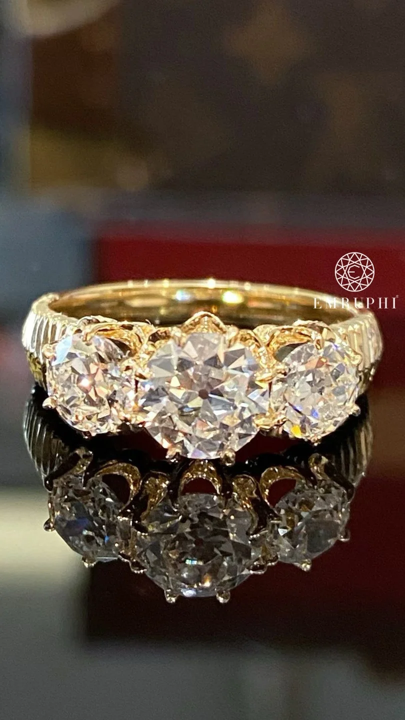 Round Old Mine Diamond Three Stone Ring, U Prong Set Diamond Wedding Ring